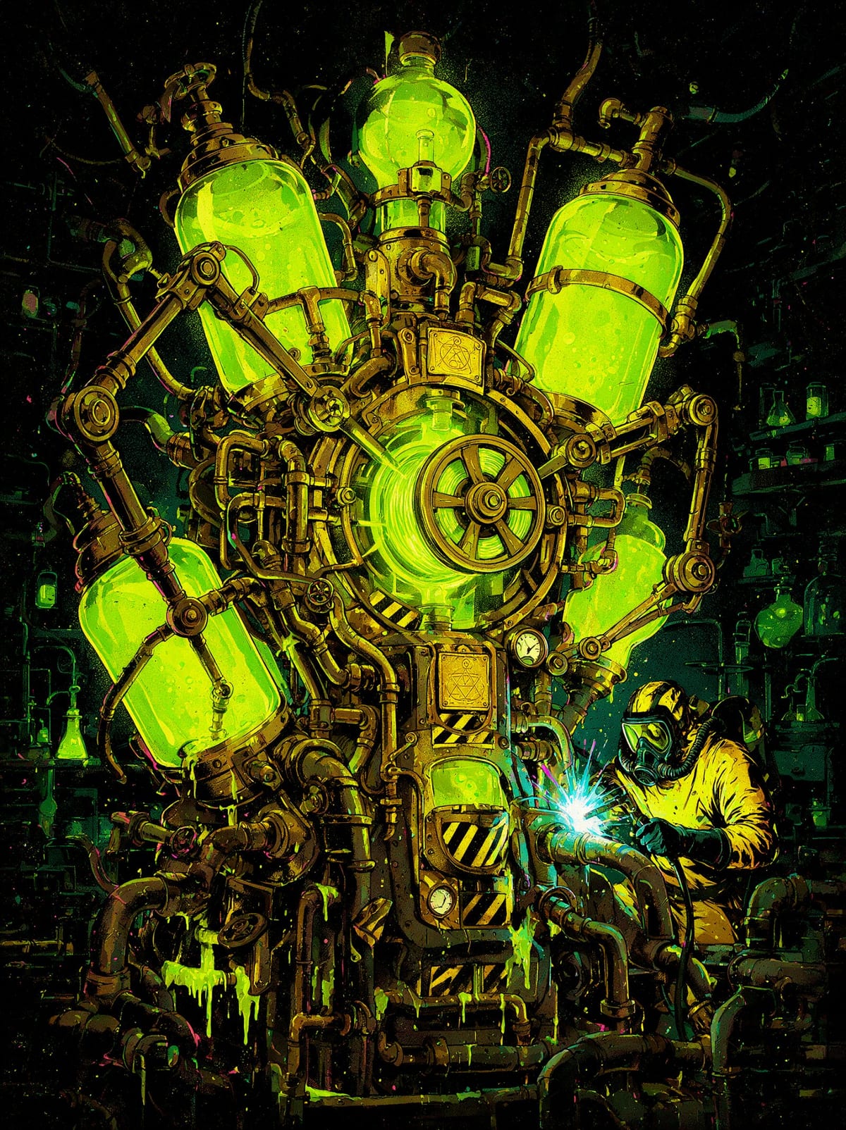 A hand-built acid//states engine: glass chambers of glowing fluid linked by pipes, a central valve core, an engineer sealing a joint
