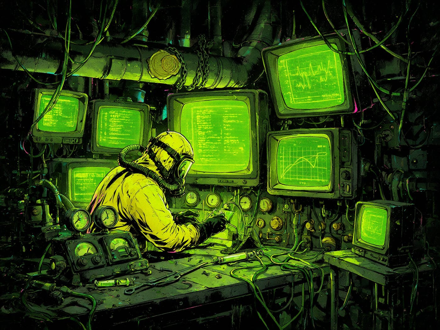 A certification lab: an engineer at a wall of monitors showing round logs, RTP curves and waveforms